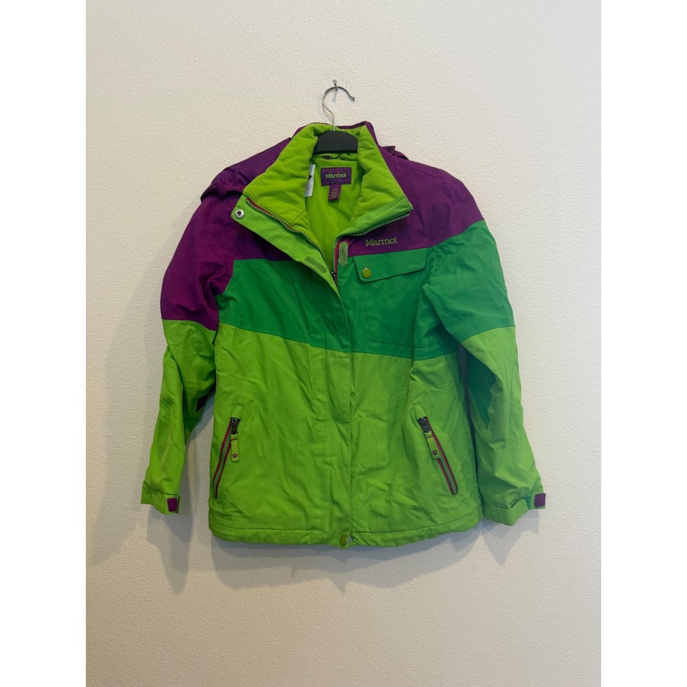 Marmot Girls Large Hooded Ski Jacket Green Purple Colorblock Full Zip Coat L/G